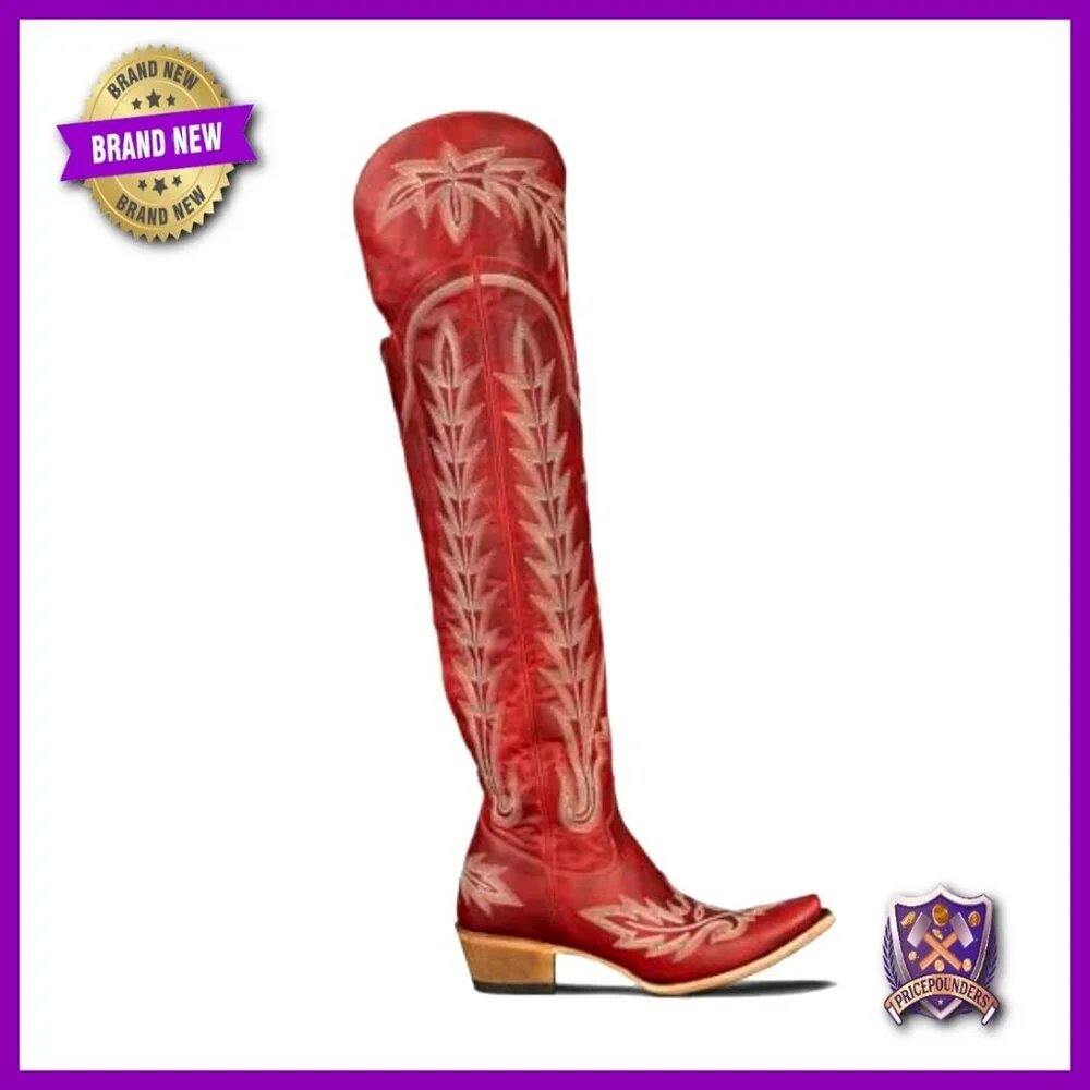 Over the Knee Cowboy Boots Chunky Heel Embroidery Western Side Zipper